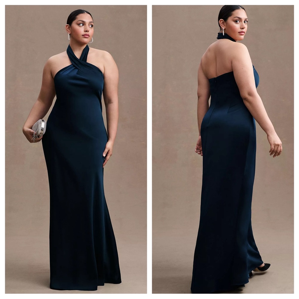 New Bhldn Ruby Twist Halter Satin Gown Midnight B… - image 1